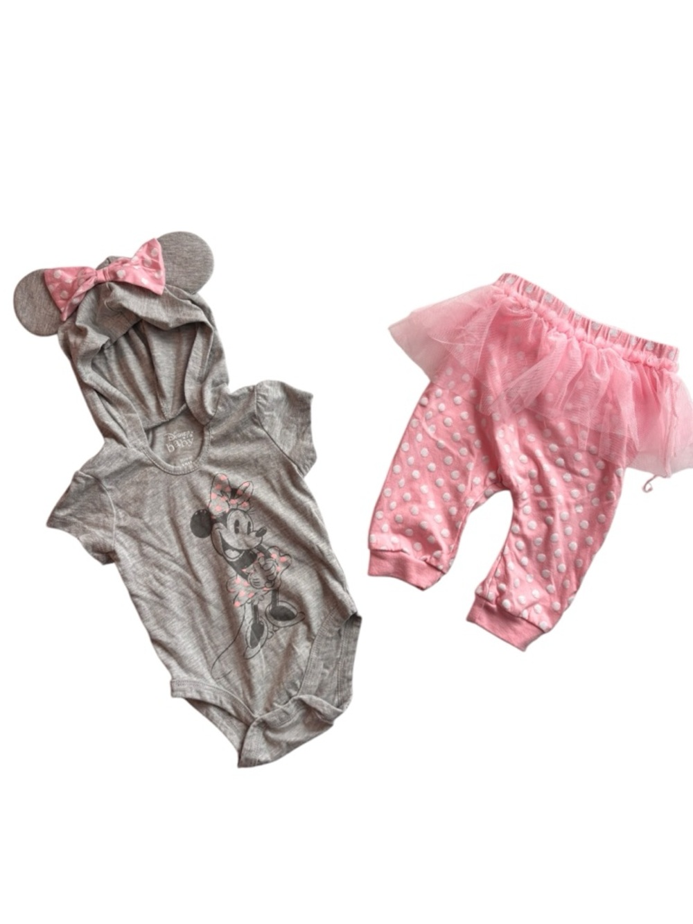 Disney Gray Hooded Bodysuit with Pink Bow Detail and Tutu Leggings 12M 8 0539